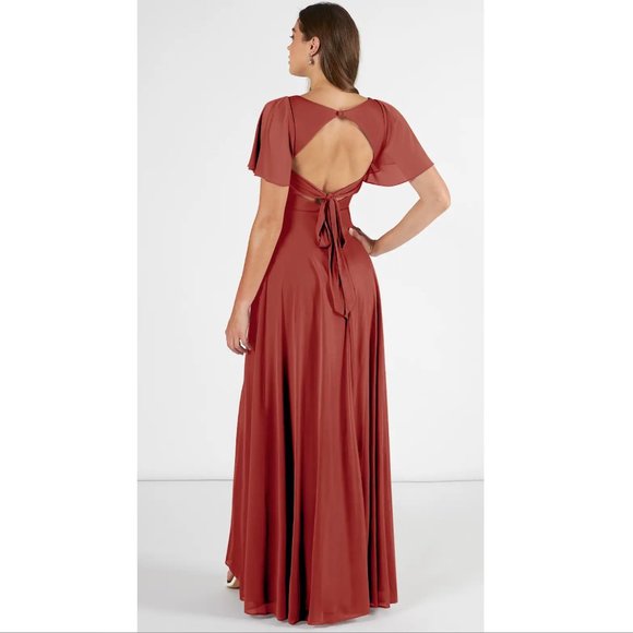 Azazie Induh Bridesmaid Dress Gown-Terracotta-Size 10-Short-Sleeve - Picture 2 of 9